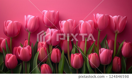 Tulips in row, copy space, pink background. Arrangement spring flowers, holiday concept, Mothers Day 124846598