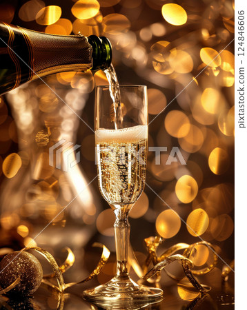 Luxury celebration exploding champagne bottle, glass splashing bubbles festive birthday, New Year Luxury celebration exploding champagne bottle, glass splashing bubbles festive birthday, New Year 124846606
