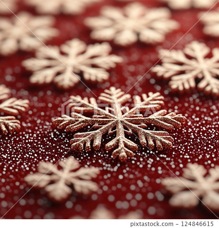 Merry Christmas, Happy New Year. Red background golden white Christmas snowflakes close up 124846615