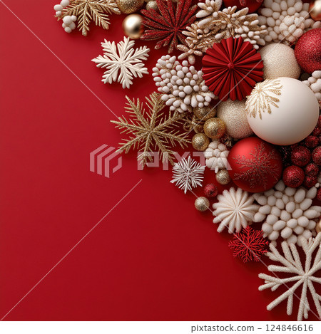 Merry Christmas, Happy New Year. Red background golden white Christmas snowflakes close up Merry Christmas, Happy New Year. Red background golden white Christmas snowflakes close up 124846616