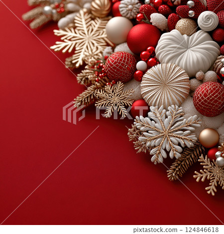 Merry Christmas, Happy New Year. Red background golden white Christmas snowflakes close up 124846618