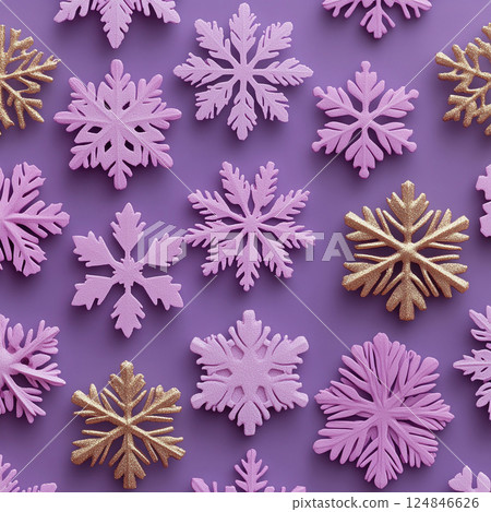 Merry Christmas, Happy New Year. Purple violet background golden white Christmas snowflakes close up 124846626