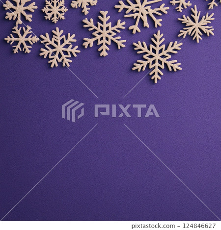 Merry Christmas, Happy New Year. Purple violet background golden white Christmas snowflakes close up 124846627