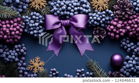 Holiday Merry Christmas, Happy New Year. Dark, gold, violet background, flat top view, luxury ribbons Holiday Merry Christmas, Happy New Year. Dark, gold, violet background, flat top view, luxury ribbons 124846631
