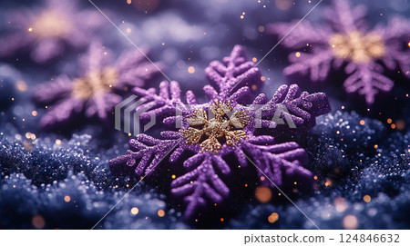 Merry Christmas, Happy New Year. Purple violet background golden white Christmas snowflakes close up 124846632