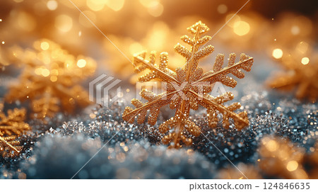 Merry Christmas, Happy New Year. Glitter yellow background golden Christmas snowflakes close up 124846635