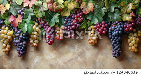 Frame from hanging bunches ripe grapes branches, leaves. Seasonal background vineyard, branch grapes Frame from hanging bunches ripe grapes branches, leaves. Seasonal background vineyard, branch grapes 124846639