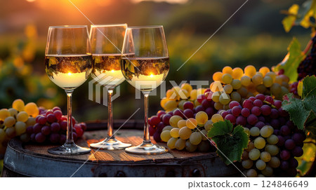 Panorama wine with grapes barrel sunny vineyard background. Seasonal grape background, harvest 124846649