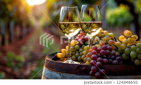 Glasses of wine with grapes barrel sunny vineyard background. Seasonal grape background, harvest 124846650