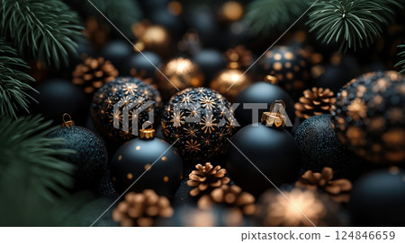 Merry Christmas, Happy New Year. Christmas balls, golden snowflakes. Flat lay, copy space, dark gold 124846659