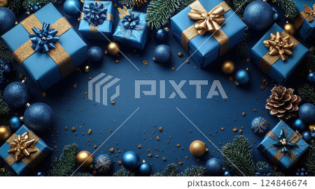 Blue background flat lay, luxury gift boxes. Golden yellow blue ribbons. Holiday Christmas, New Year Blue background flat lay, luxury gift boxes. Golden yellow blue ribbons. Holiday Christmas, New Year 124846674
