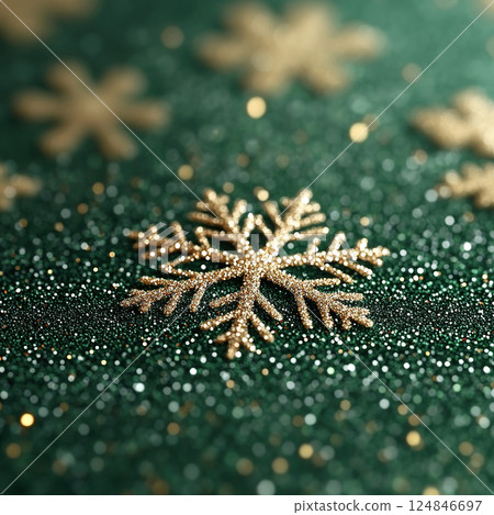 Holiday Merry Christmas, Happy New Year. Green background golden Christmas snowflakes close up 124846697