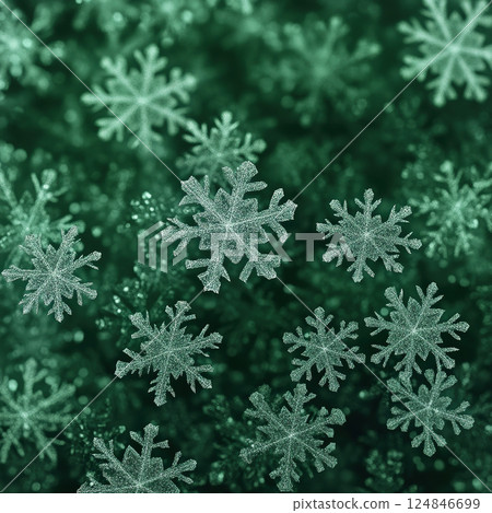 Holiday Merry Christmas, Happy New Year. Green background green Christmas snowflakes close up 124846699