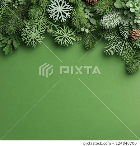Holiday Merry Christmas, Happy New Year. Green background green Christmas snowflakes close up 124846700