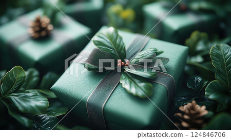 Merry Christmas, New Year. Luxury green gift boxes, Christmas tree branches, sale, banner, pine cone 124846706