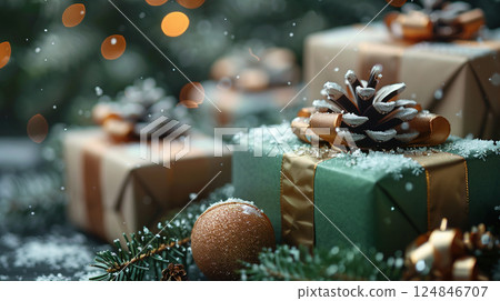 Merry Christmas, New Year. Luxury green gift boxes, Christmas tree branches, sale, banner, pine cone 124846707