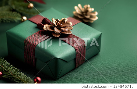Holiday Christmas, New Year. Close-up green luxury gift boxes. red ribbons, flat lay, sale, banner 124846713
