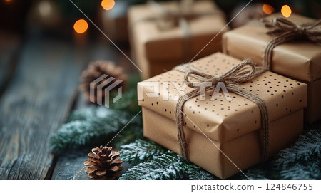 Merry Christmas New Year, cardboard gift boxes natural ribbon bow celebration, copy space, pine cone 124846755