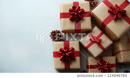 Merry Christmas, Happy New Year, gift boxes red ribbon bow, background. Flat lay, copy space, banner Merry Christmas, Happy New Year, gift boxes red ribbon bow, background. Flat lay, copy space, banner 124846760