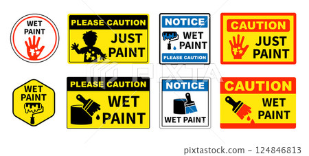 Caution Wet Paint Sign Set. Editable Vector Warning Signs with text and Brush, Paint, and Human Icons.. Caution Wet Paint Sign Set. Editable Vector Warning Signs with text and Brush, Paint, and Human Icons.. 124846813