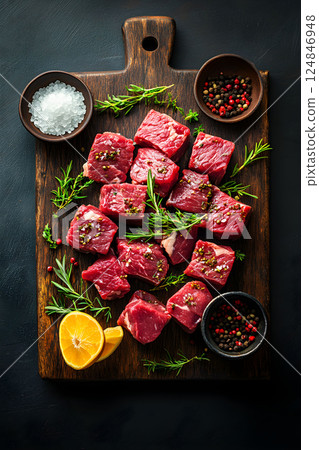 Fresh cuts of beef on a wooden cutting board garnished with herbs and spices for culinary preparations in a stylish kitchen setting Fresh cuts of beef on a wooden cutting board garnished with herbs and spices for culinary preparations in a stylish kitchen setting 124846948