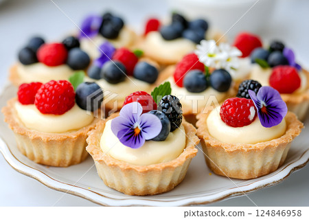 Sweet tartlets topped with fresh berries and edible flowers displayed on a white plate in a beautifully arranged dessert setting 124846958