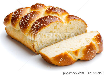 Freshly baked challah bread showcasing a golden crust and fluffy interior, perfect for family gatherings and festive occasions 124846959