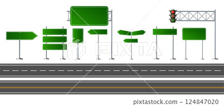 Road sign in realistic style isolated on white background. Mock up traffic template. Vector 124847020
