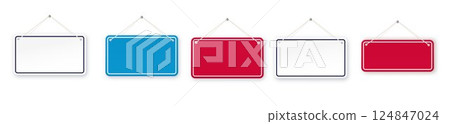 Red and blue shop door signs hanging isolated . Empty or blank sign for store, restaurant or cafe. Vector illustration Red and blue shop door signs hanging isolated . Empty or blank sign for store, restaurant or cafe. Vector illustration 124847024