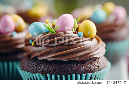 Colorful chocolate Easter cupcakes topped with Easter eggs and sprinkles for a festive celebration during springtime 124847045