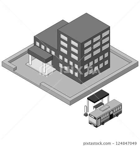 一輛公共汽車停在建築物前的公共汽車站的單色插圖。等角投影,左視圖,帶有主線。 一輛公共汽車停在建築物前的公共汽車站的單色插圖。等角投影,左視圖,帶有主線。 124847049