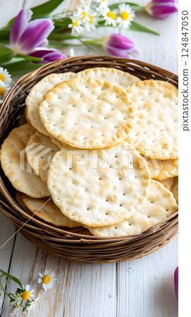 Crispy matzah arranged in a woven basket with colorful flowers nearby, perfect for a light snack or appetizer setting 124847050