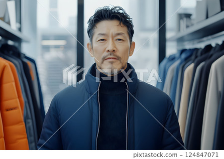 Stylish man posing confidently in a contemporary clothing store during a bright daylight hour, showcasing modern fashion trends and diverse apparel choices 124847071