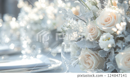 Wedding reception table decor, floral decorations and invitation 124847141