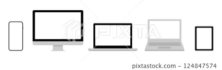 Smartphone, desktop, laptop and tablet illustration. Front view of devices. Blank screen. 124847574