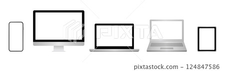 Smartphone, desktop, laptop and tablet illustration. Front view of devices. Blank screen. 124847586