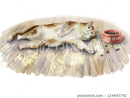 Watercolor drawing of a lazy fat cat lying on the floor. For pet food and product design, stickers, cards, notebook printing, veterinary clinics, etc. The ginger cat is lying next to a bowl of food. 124847742