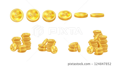 Realistic golden coins pile. Stacks of gold money, cash or treasure. Bank and finance. Investment, profit or gain. Copy space. Vector Realistic golden coins pile. Stacks of gold money, cash or treasure. Bank and finance. Investment, profit or gain. Copy space. Vector 124847852