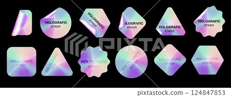 Holographic stickers. Hologram labels shapes. Holographic textured stickers for preview tags, labels. Sticker for design mockups. Vector 124847853