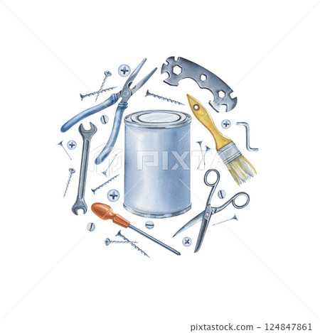 Watercolor composition in a circle with working tools for repairs. Each element is hand-drawn. For the design of repair services, construction stores, and business cards. 124847861