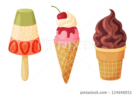 Delicious ice creams layered popsicle, waffle cone and chocolate soft serve cone 124848052
