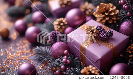Closeup craft yellow gift box purple holiday background, copy space, banner Merry Christmas New Year 124848098