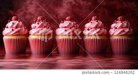 Colorful festive cupcakes in row. Holiday concept. 3D illustration, rendering, banner, copy space Colorful festive cupcakes in row. Holiday concept. 3D illustration, rendering, banner, copy space 124848202