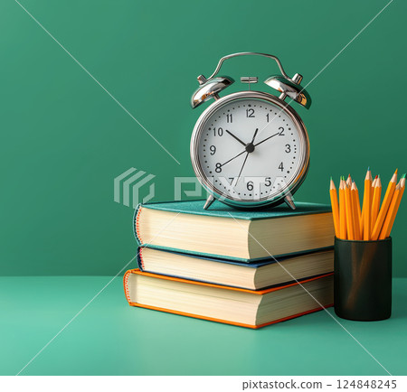 Education concept, alarm clock standing books, pencils, green. Poster school, university, study 124848245