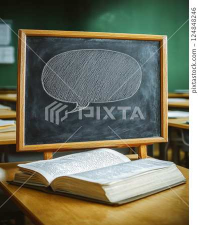 Education concept, vibrant back to school themed border frame background chalkboard Sketch, Speech Bubbles, pencils, books, various school supplies wooden desk. Poster, banner school, university study 124848246