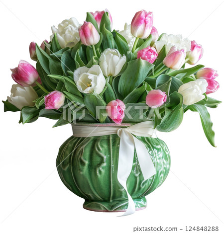 Arrangement delicate bouquet mixed purple tulips, cabbage vase decorated. Concept celebration, romance, love, Valentine's Day, wedding, copy space, banner, greeting card 124848288