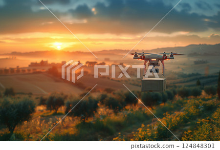 Aerial drone carrying package over an urban cityscape rural, at sunrise, sunset. Urban technology and commerce concept fast delivery 124848301