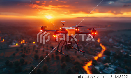 Aerial drone carrying package over an urban cityscape rural, at sunrise, sunset. Urban technology and commerce concept fast delivery 124848302