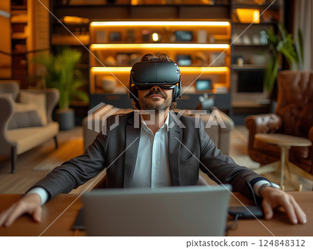 Business portrait rich corporate Caucasian man business suit outstretched arms sitting desk office wearing VR headset glasses. Reality using technology work. Concept using modern technology 124848312