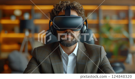Business portrait rich corporate Caucasian man business suit outstretched arms sitting desk office wearing VR headset glasses. Reality using technology work. Concept using modern technology 124848320